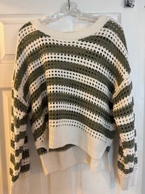 Pink Republic Olive & Cream Striped Open-Knit Crewneck Sweater